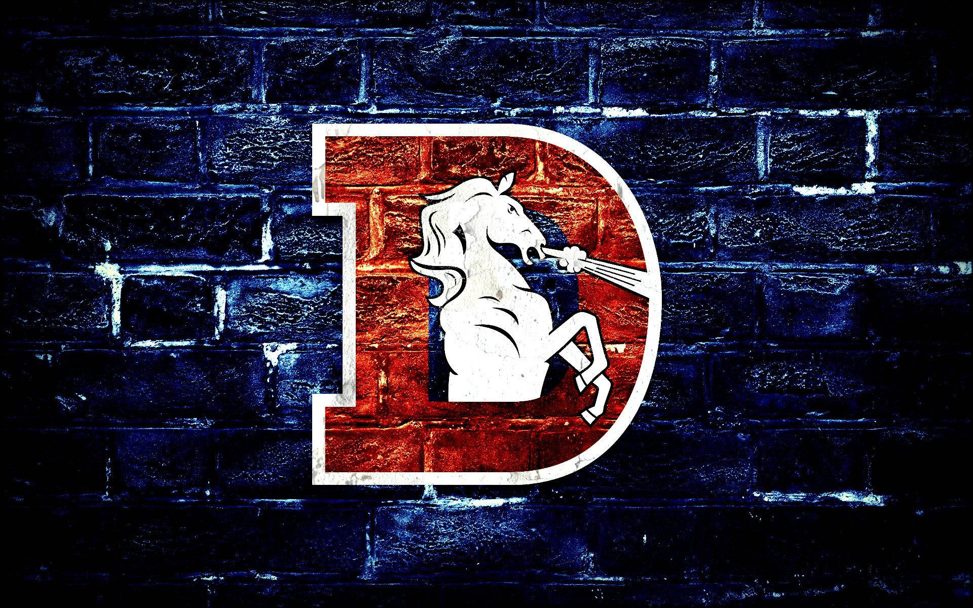 Denver Broncos, blue brick wall, white horse logo, Full HD Desktop Wallpaper