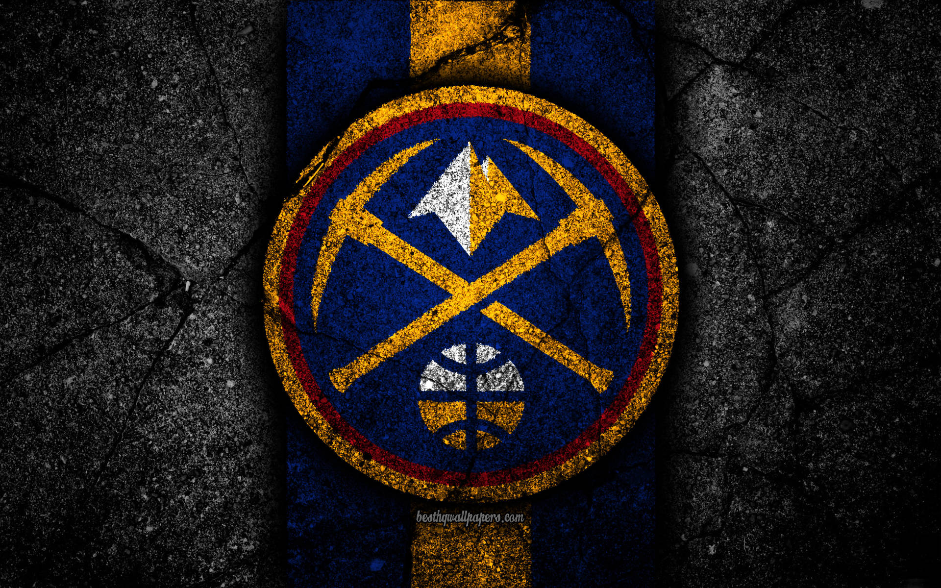 Denver Nuggets logo, crossed pickaxes, basketball, Full HD Desktop Wallpaper