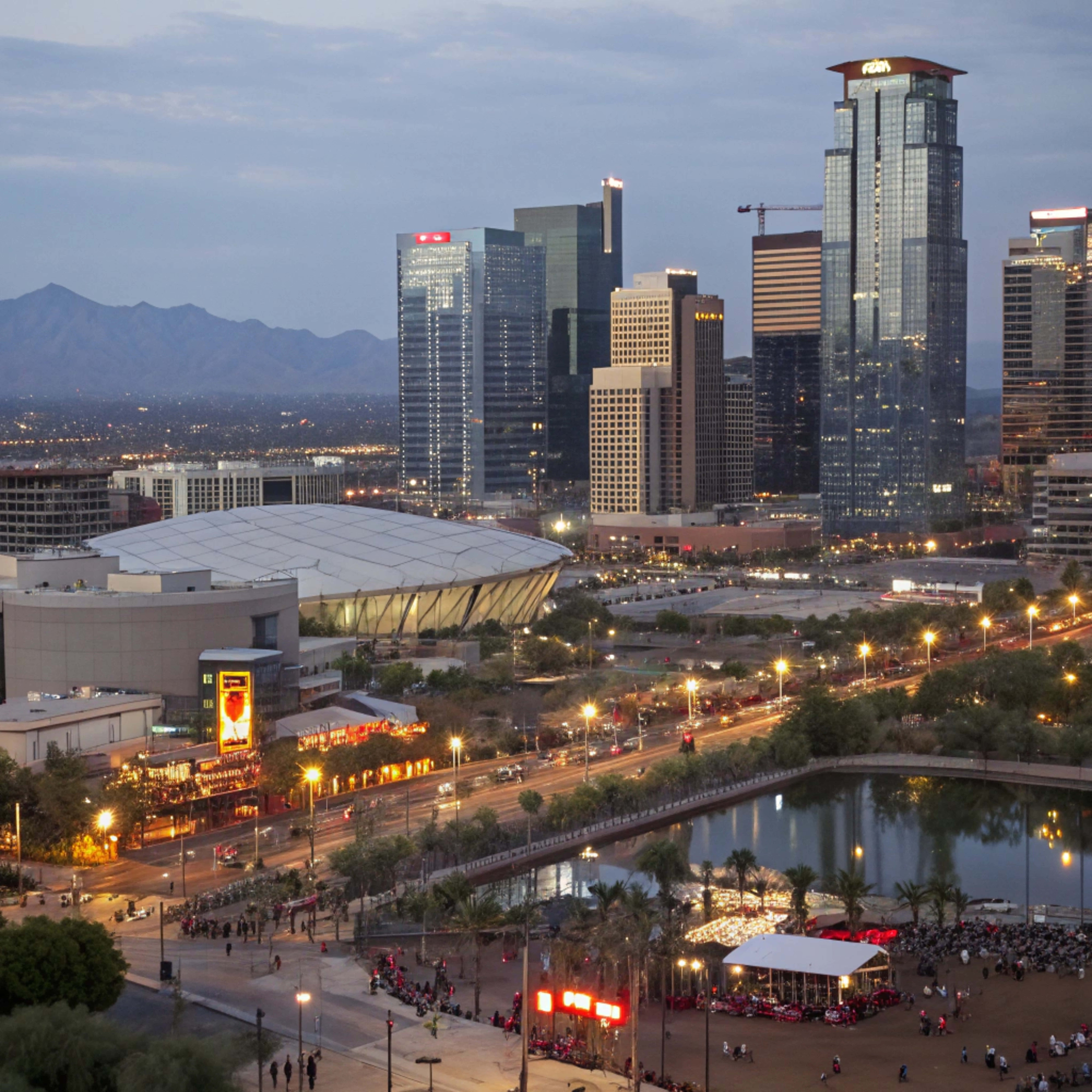 Denver, twilight cityscape, illuminated skyscrapers, 8K Desktop Wallpaper