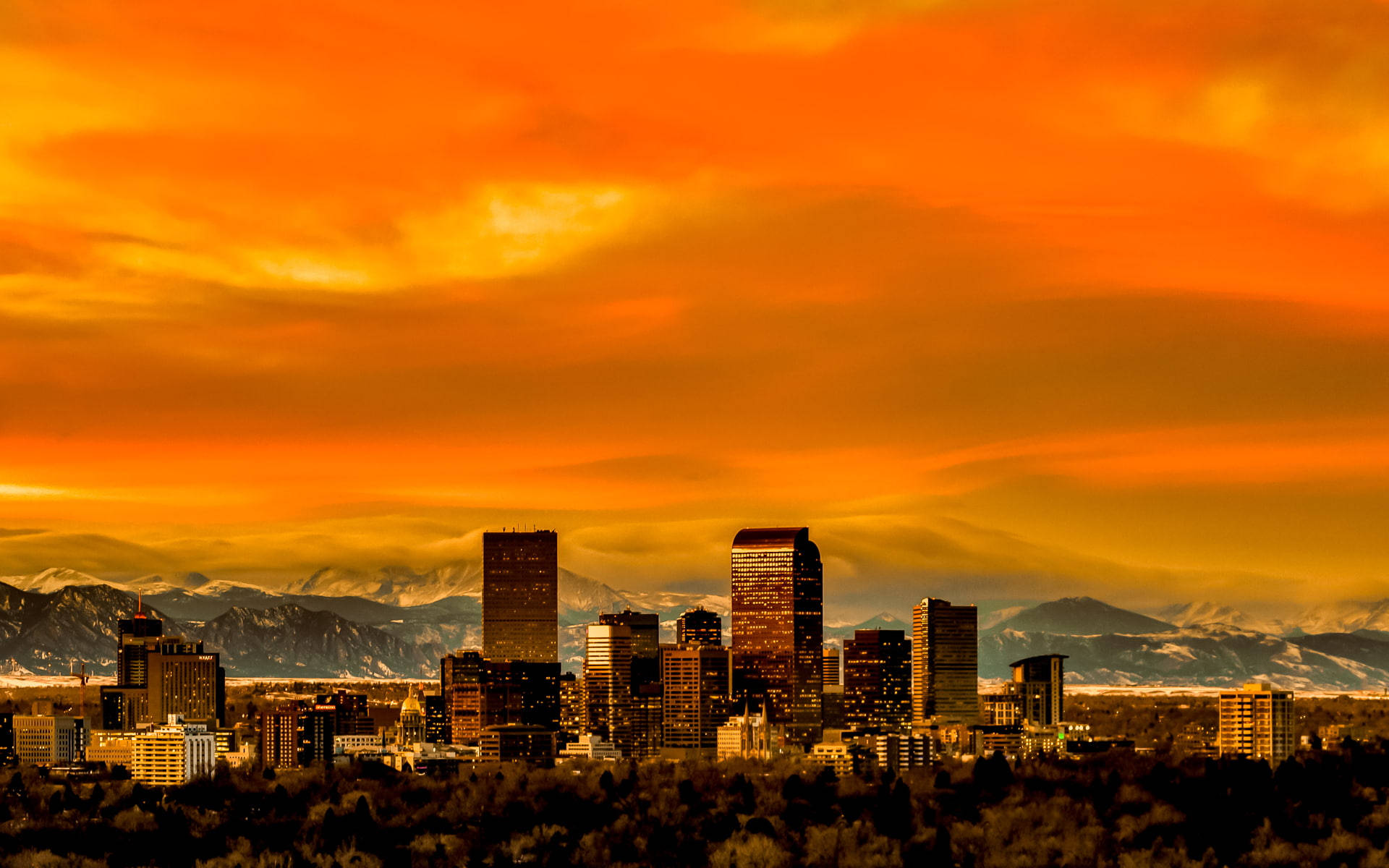 Denver, fiery orange sunset, snow-capped mountains, Full HD Desktop Wallpaper