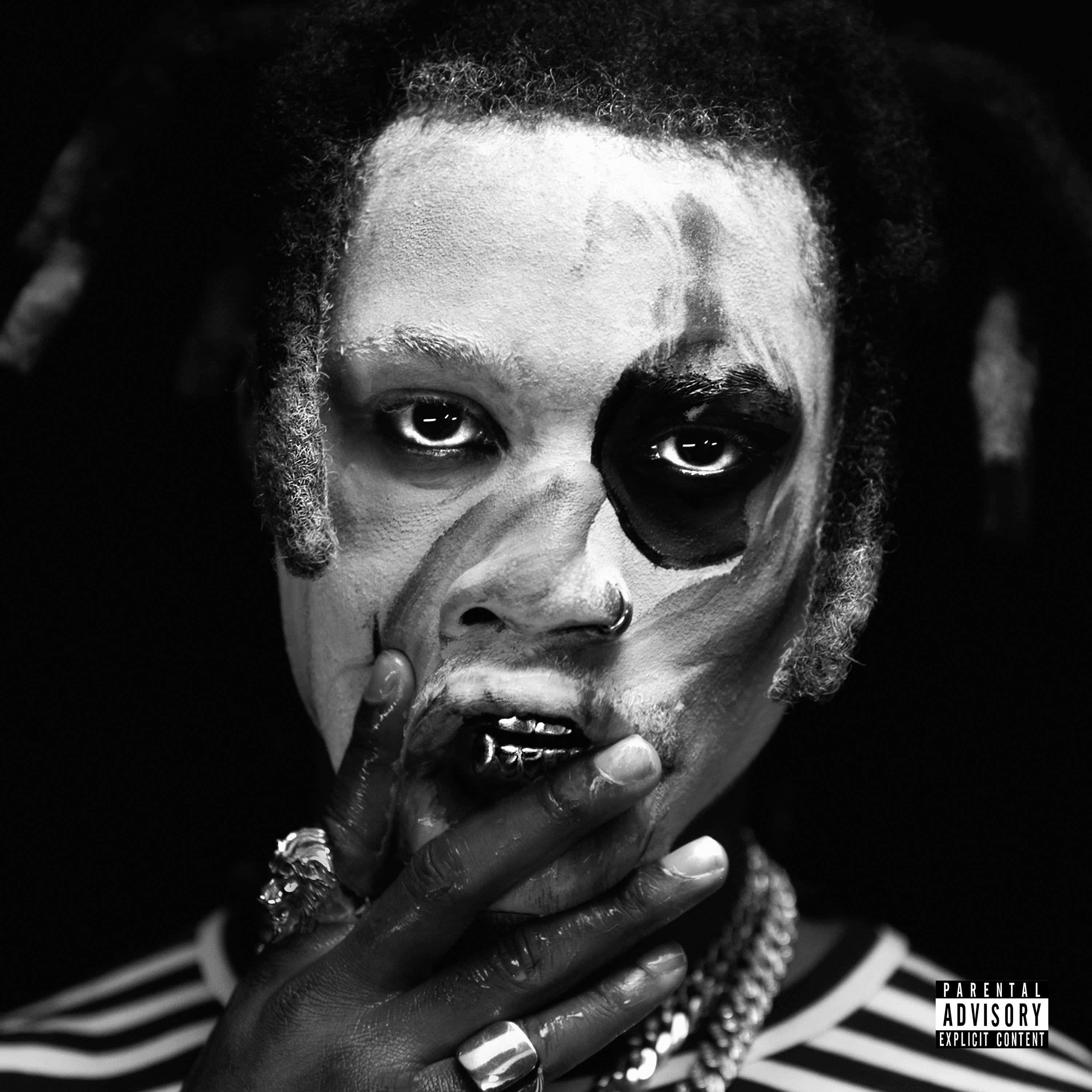Denzel Curry, black and white portrait, dramatic face paint, 2K Desktop Wallpaper