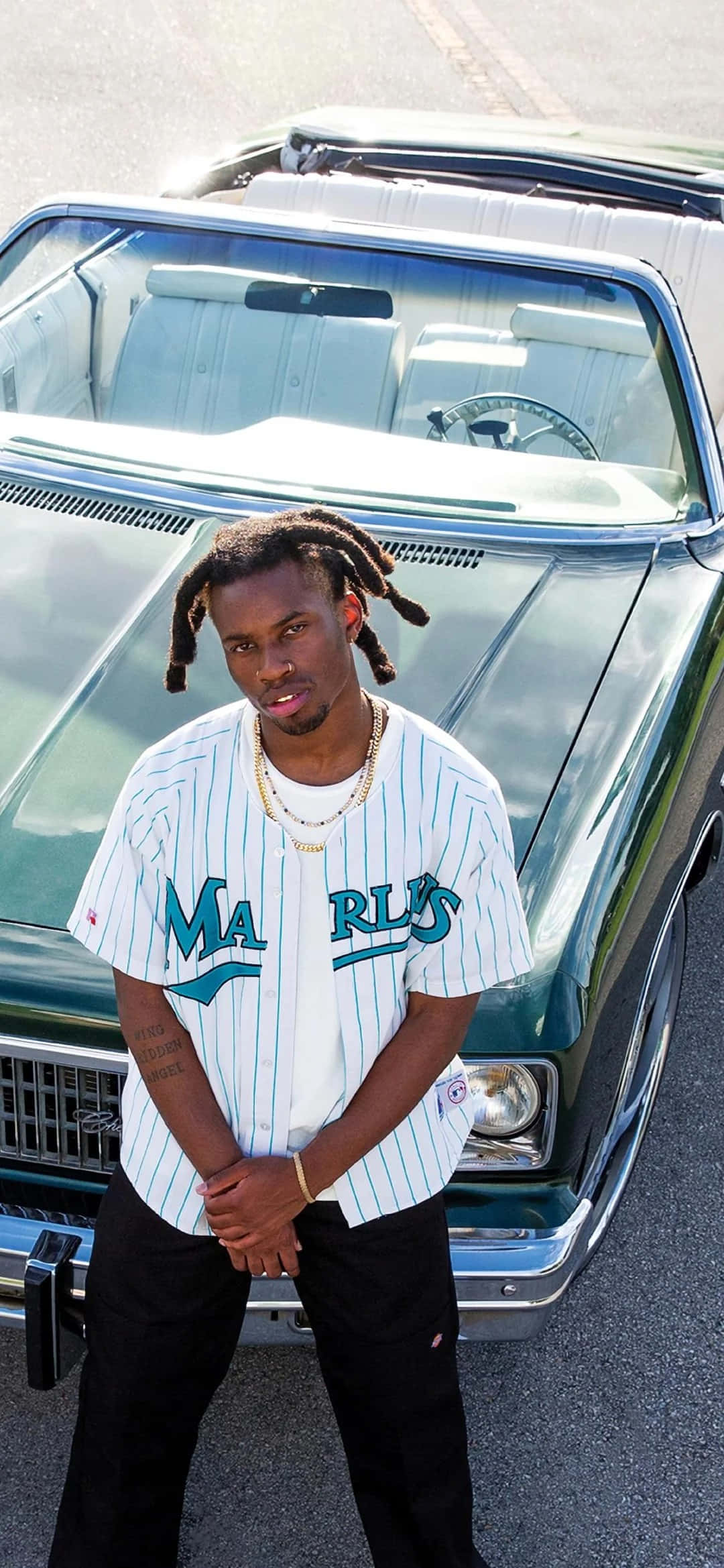 Denzel Curry, vintage teal convertible, dreadlocks, Full HD Phone Wallpaper