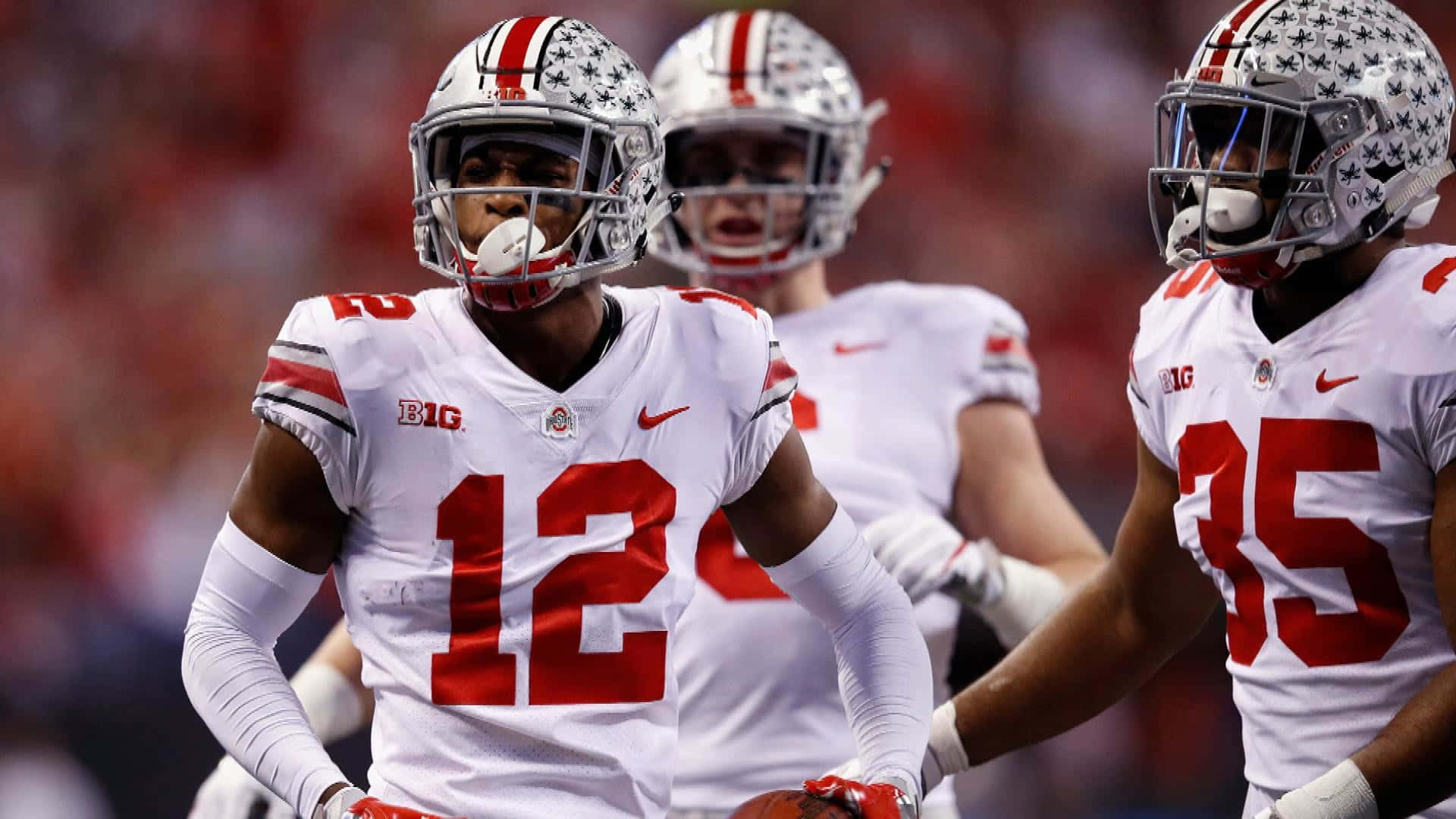 Denzel Ward, Ohio State football players, white jerseys, Full HD Desktop Wallpaper