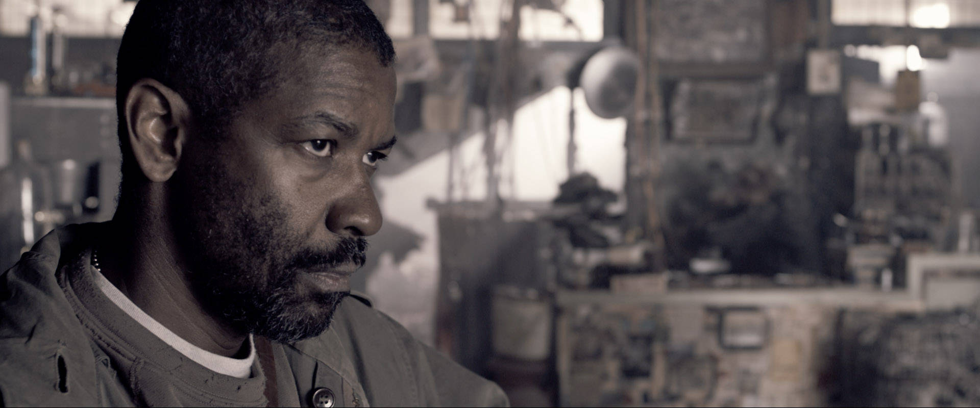 Denzel Washington, beard, cluttered workshop, Full HD Desktop Wallpaper