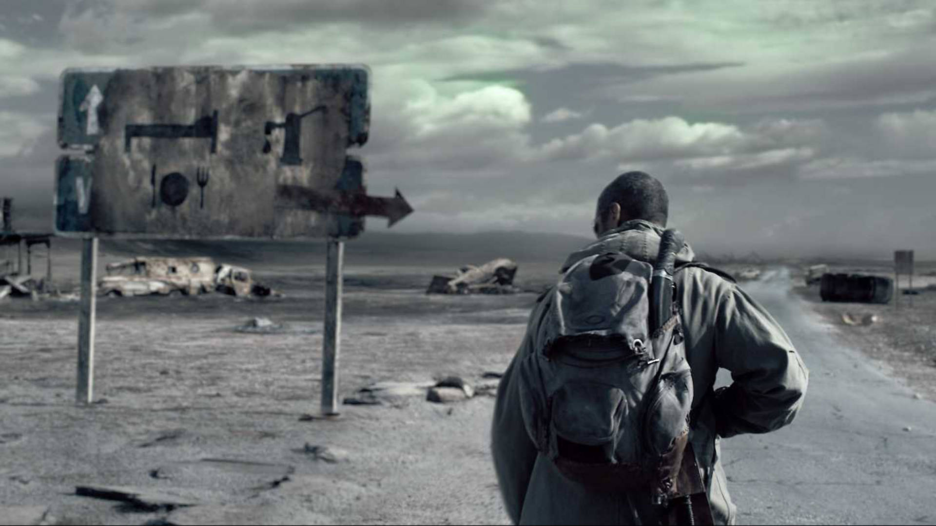 Denzel Washington, road sign, wasteland, Full HD Desktop Wallpaper