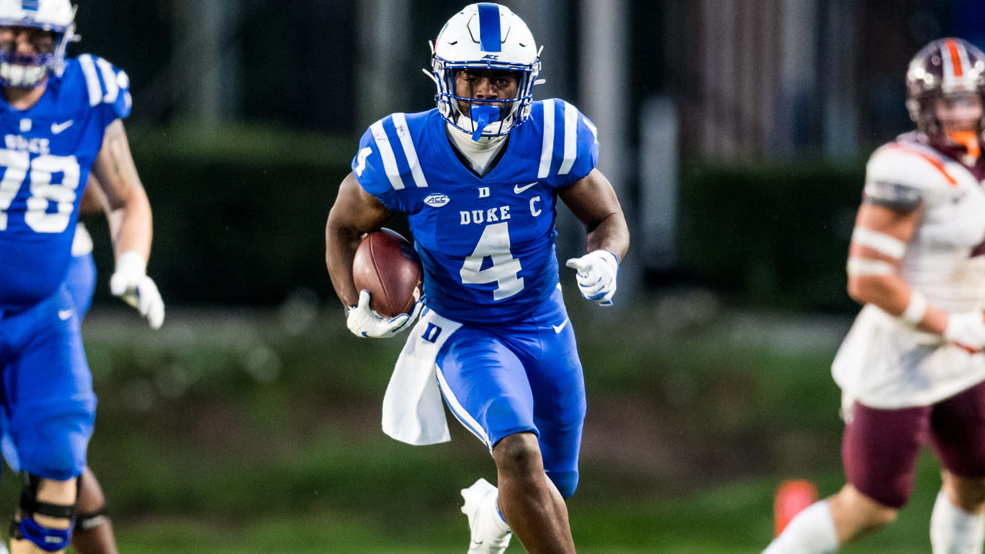 Duke football player, blue and white uniform, night game, Full HD Desktop Wallpaper