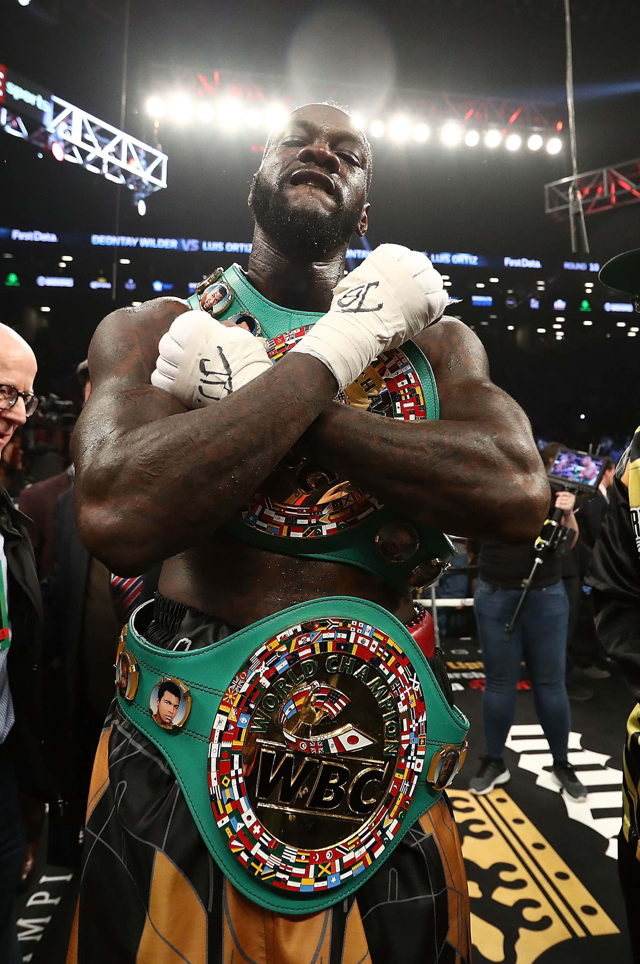 Deontay Wilder, green WBC championship belt, bright arena lights, 2K Phone Wallpaper