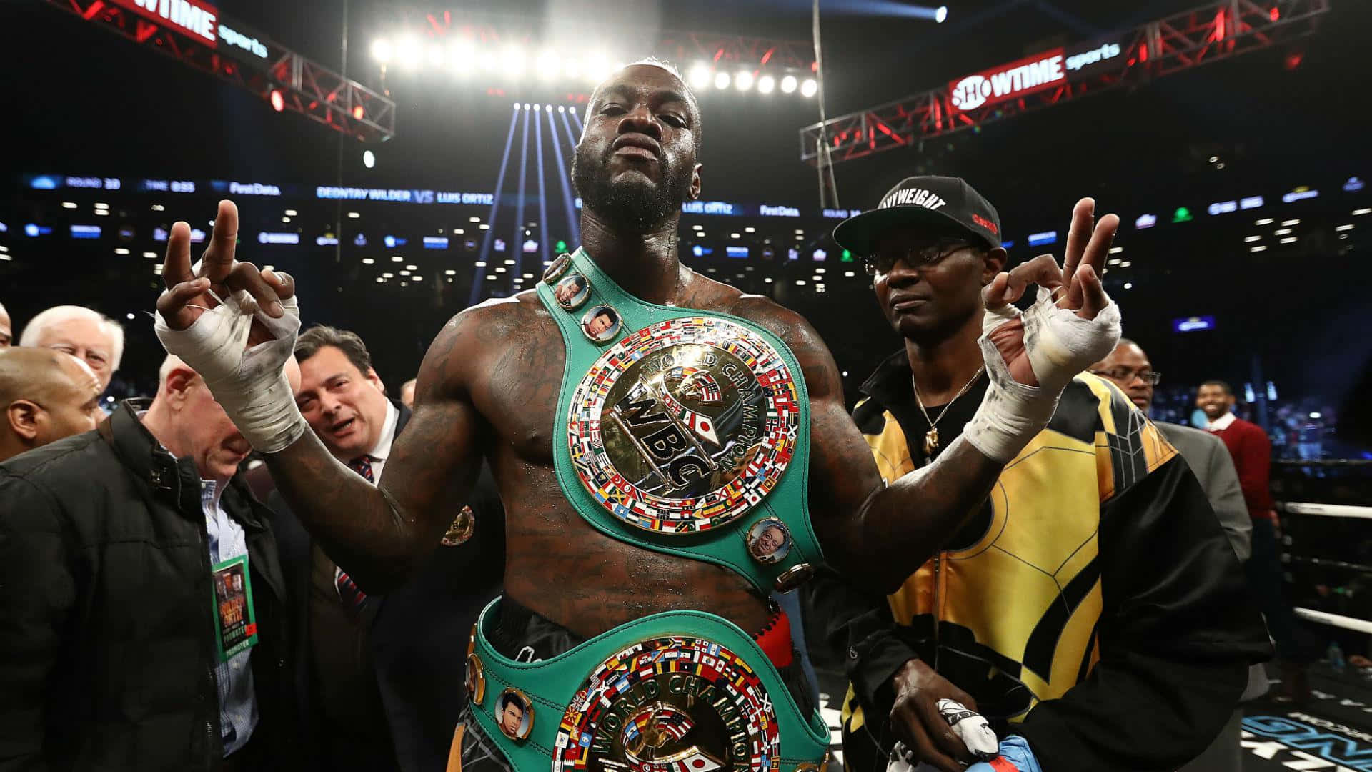Deontay Wilder, green championship belt, brightly lit ring, Full HD Desktop Wallpaper