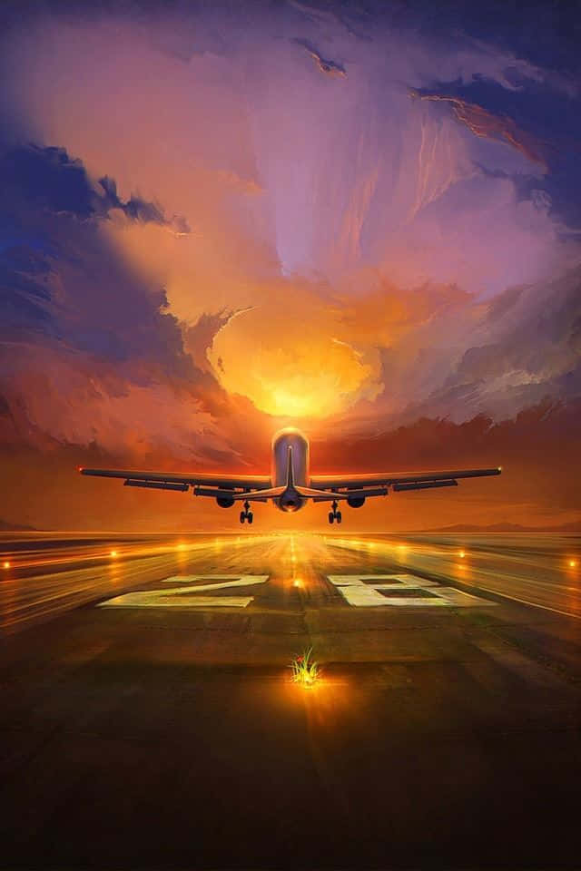 airplane, runway 28, sunset, SD Phone Wallpaper