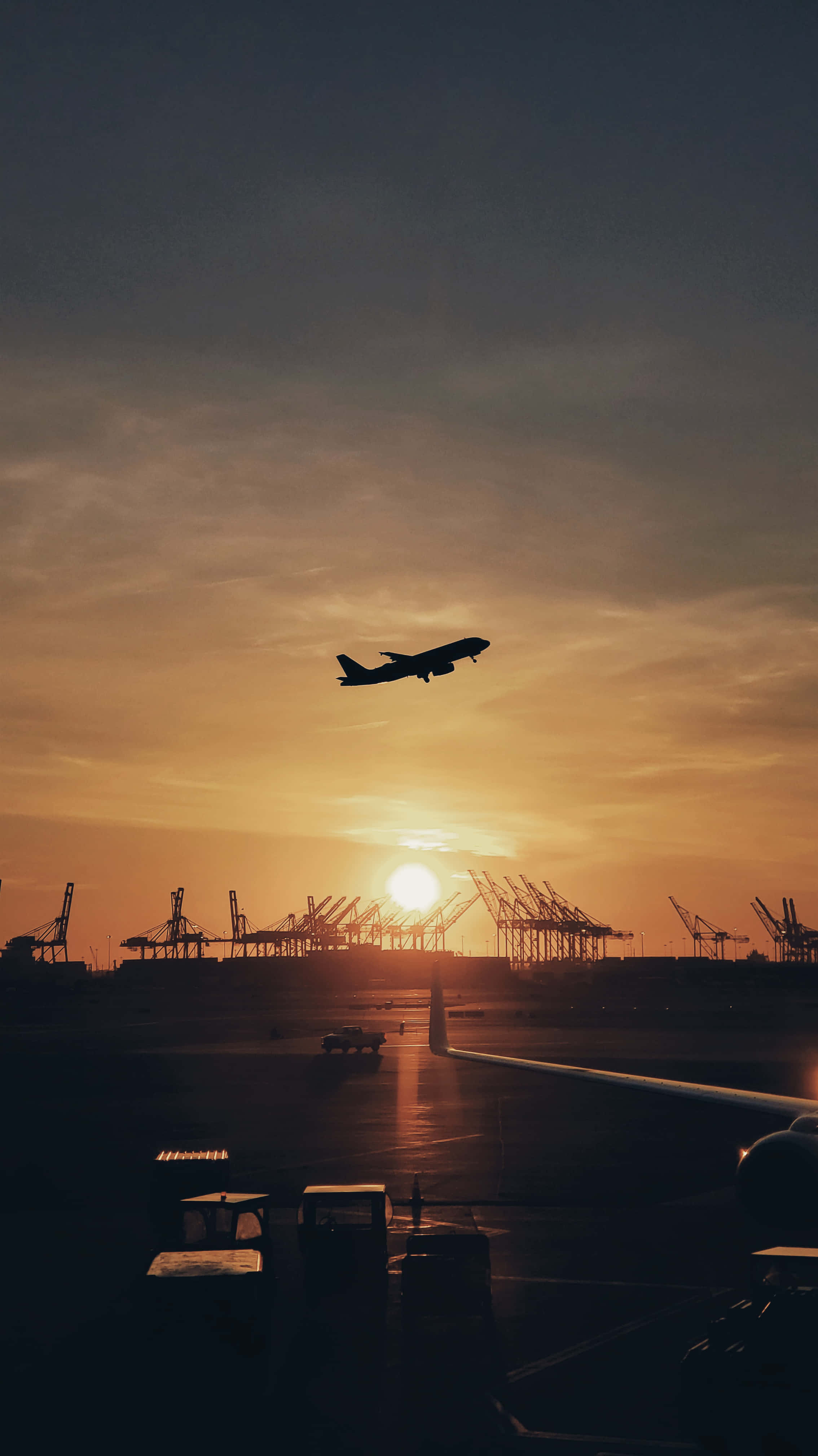 airplane silhouette, golden sunset, airport, 4K Phone Wallpaper