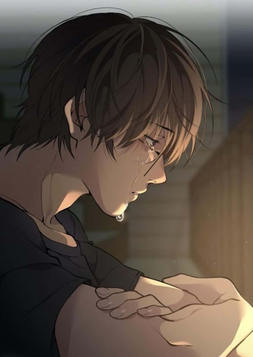 depressed anime boy, dark hair, glasses, SD Phone Wallpaper