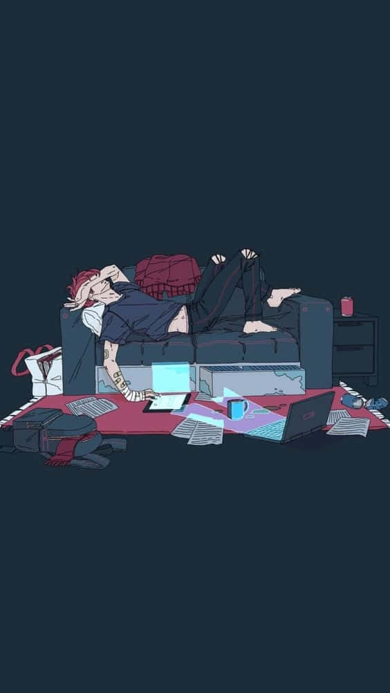 Depressed Anime Boy, sofa, tech gadgets, SD Phone Wallpaper