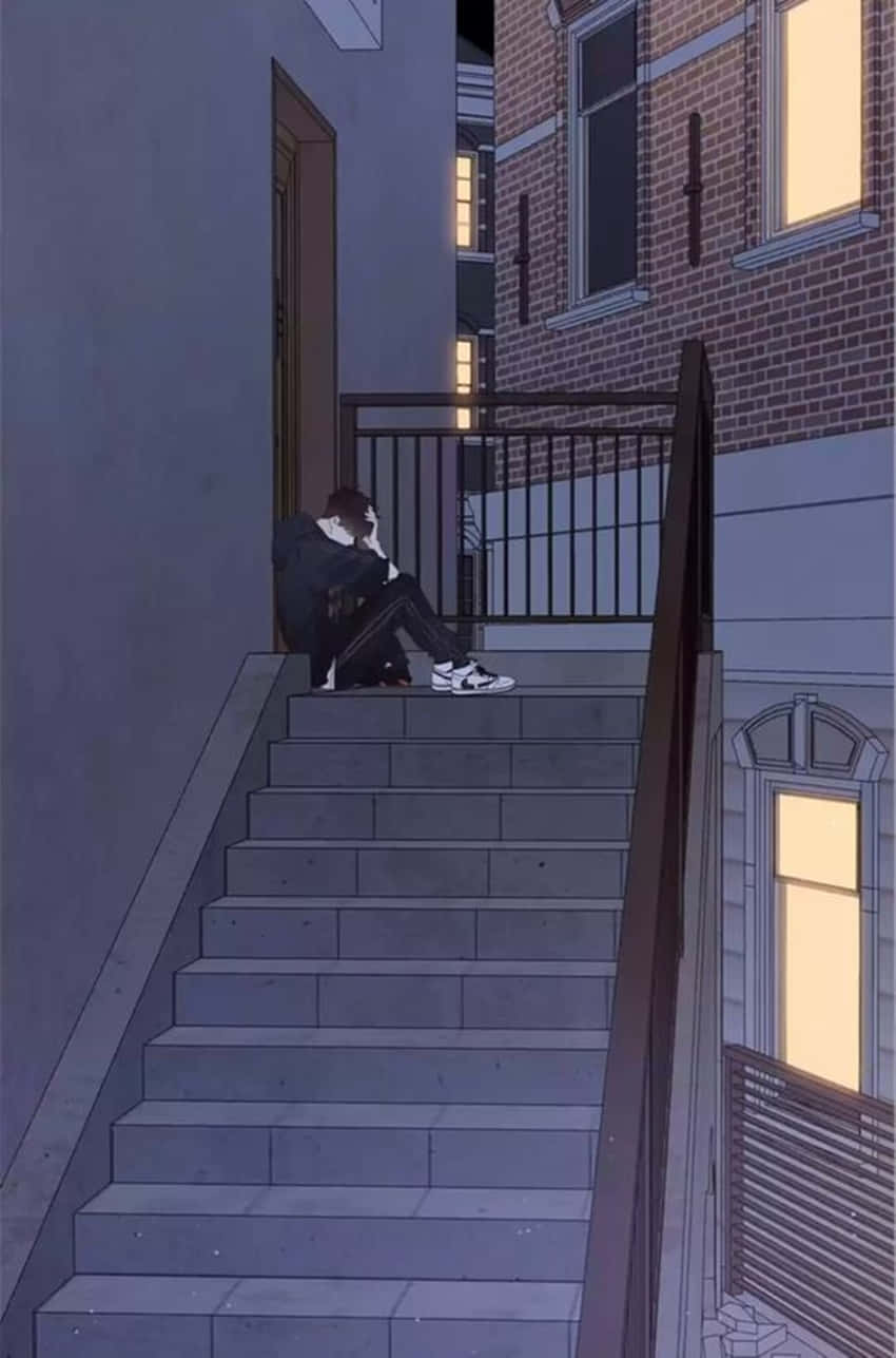 Depressed Anime Boy, urban concrete stairs, twilight, HD Phone Wallpaper