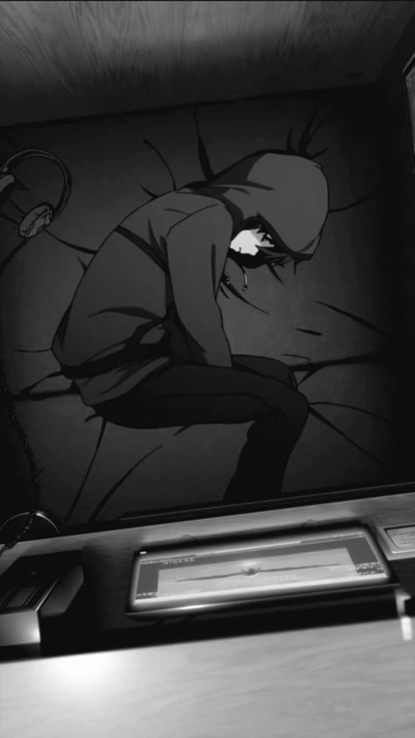 monochrome anime character, hoodie, hunched, HD Phone Wallpaper