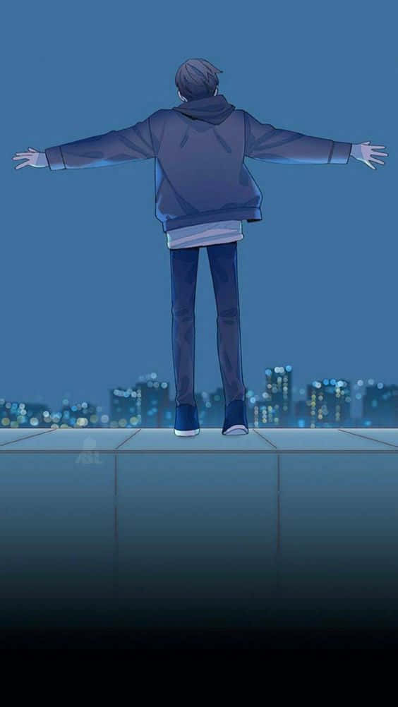 depressed anime boy, rooftop, glowing city skyline, SD Phone Wallpaper