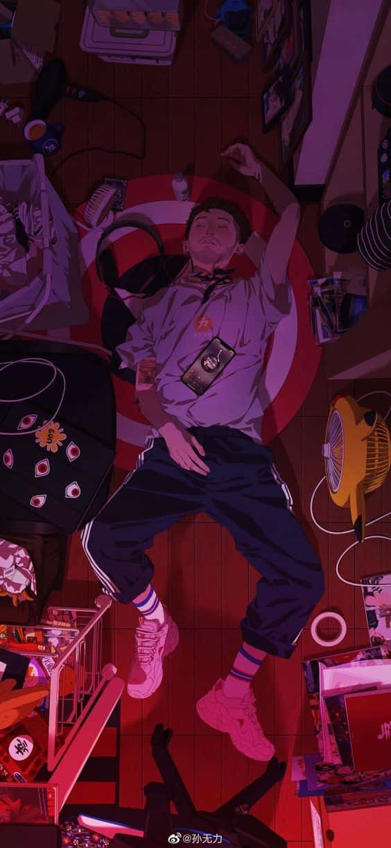 Depressed Anime Boy, young man, cluttered floor, SD Phone Wallpaper