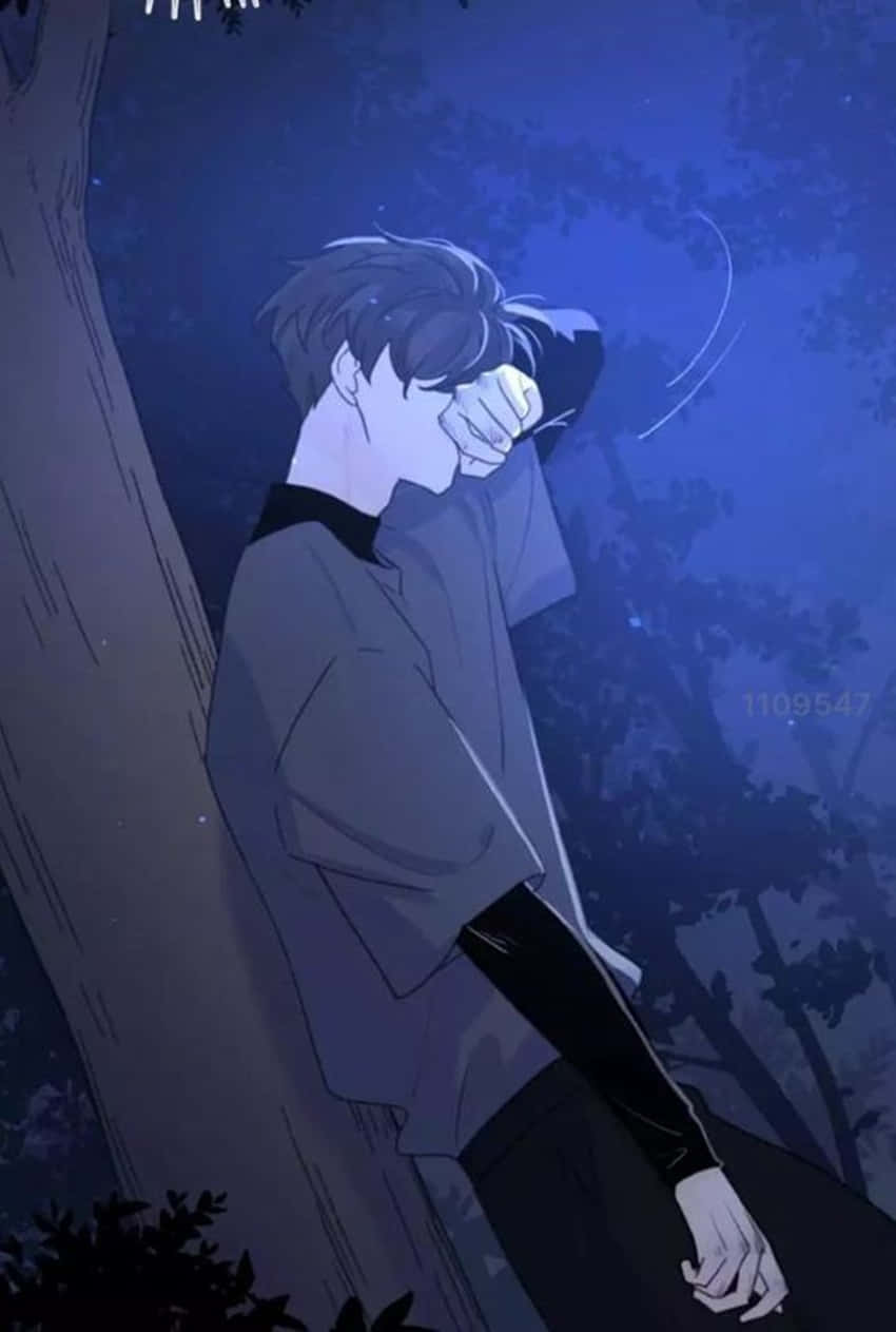 depressed anime boy, dark hoodie, tree, SD Phone Wallpaper