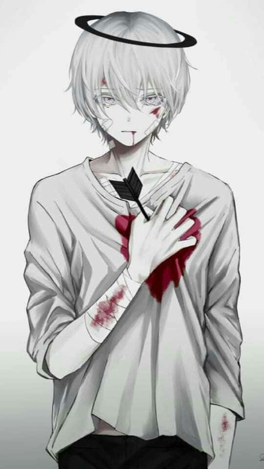 depressed anime boy, black halo, bloodied arrow wound, SD Phone Wallpaper
