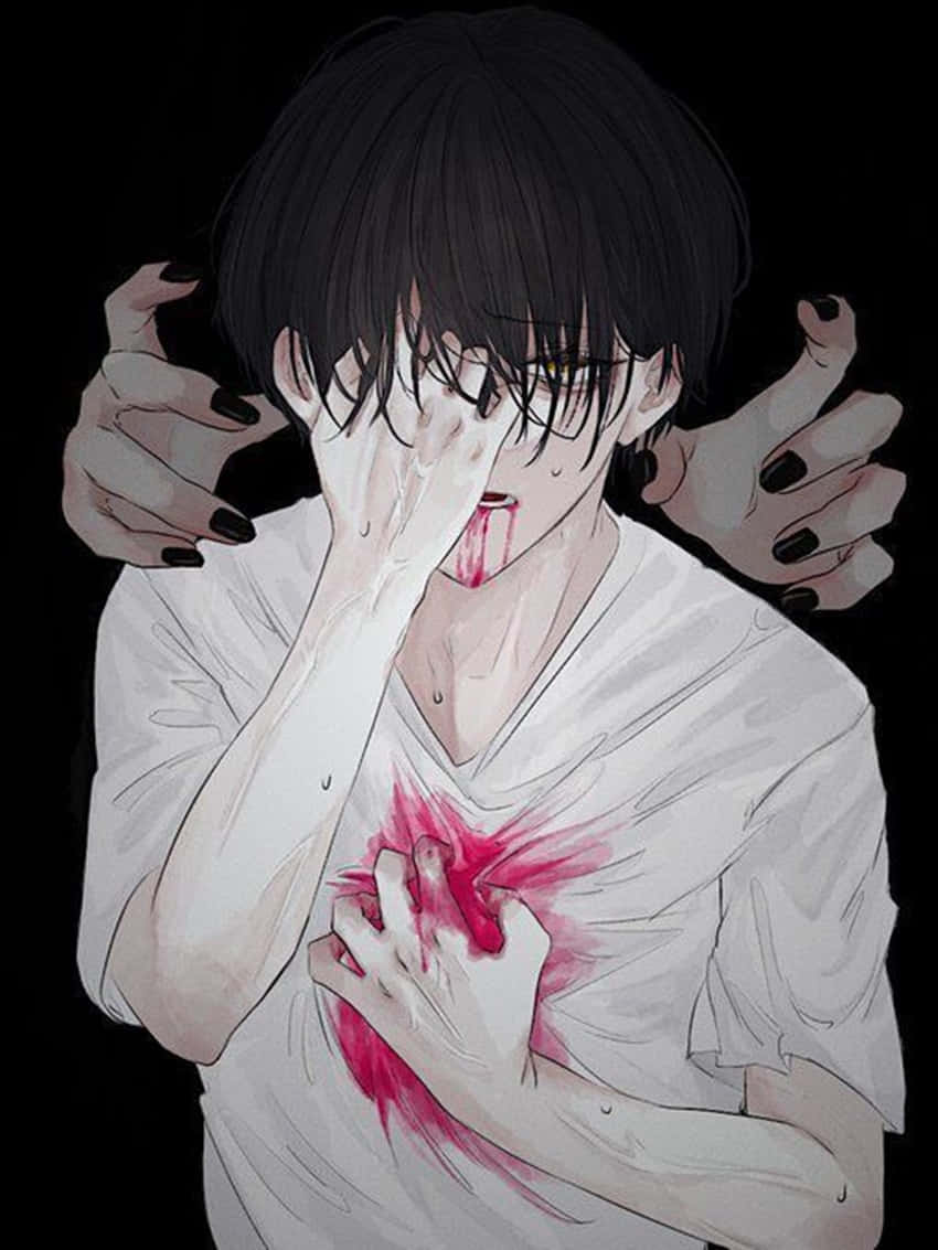 Depressed Anime Boy, black hair, glasses, SD Phone Wallpaper