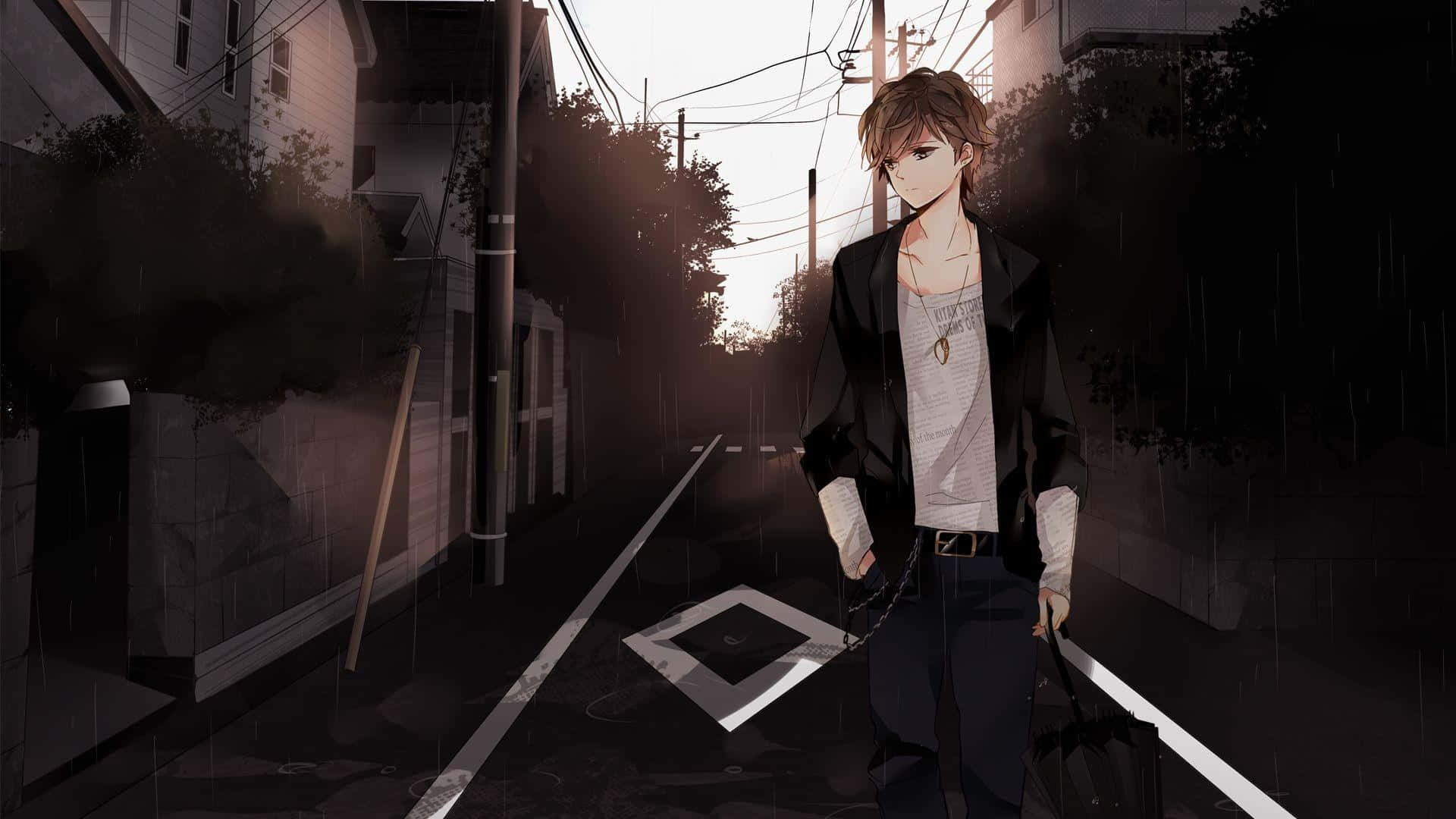 anime man, rainy urban alley, dusk, Full HD Desktop Wallpaper