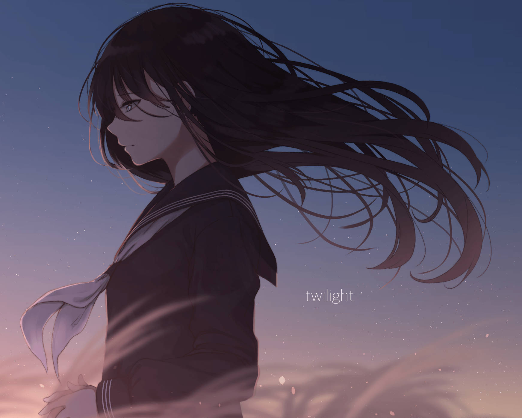 blue pink depressed anime girl, sailor uniform, long dark hair, HD Desktop Wallpaper