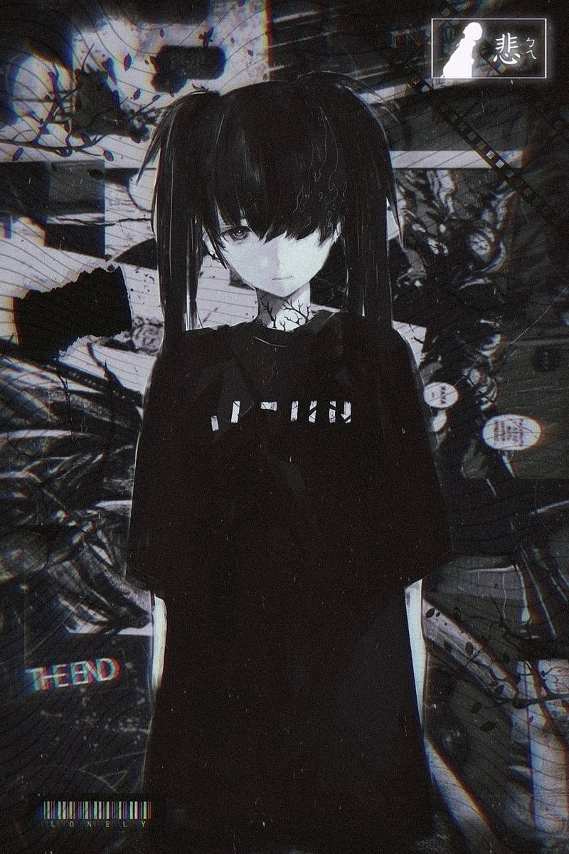 anime girl, black pigtails, glitchy abstract background, SD Phone Wallpaper