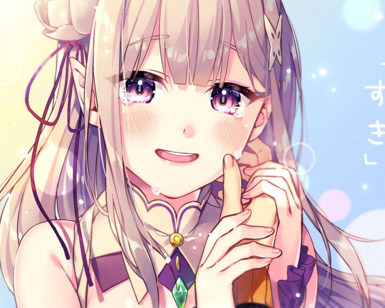 cute depressed anime girl, lavender hair, sparkling eyes, HD Desktop Wallpaper