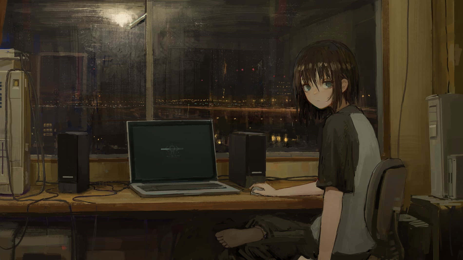 lofi anime room, young anime girl, cluttered desk, HD Desktop Wallpaper