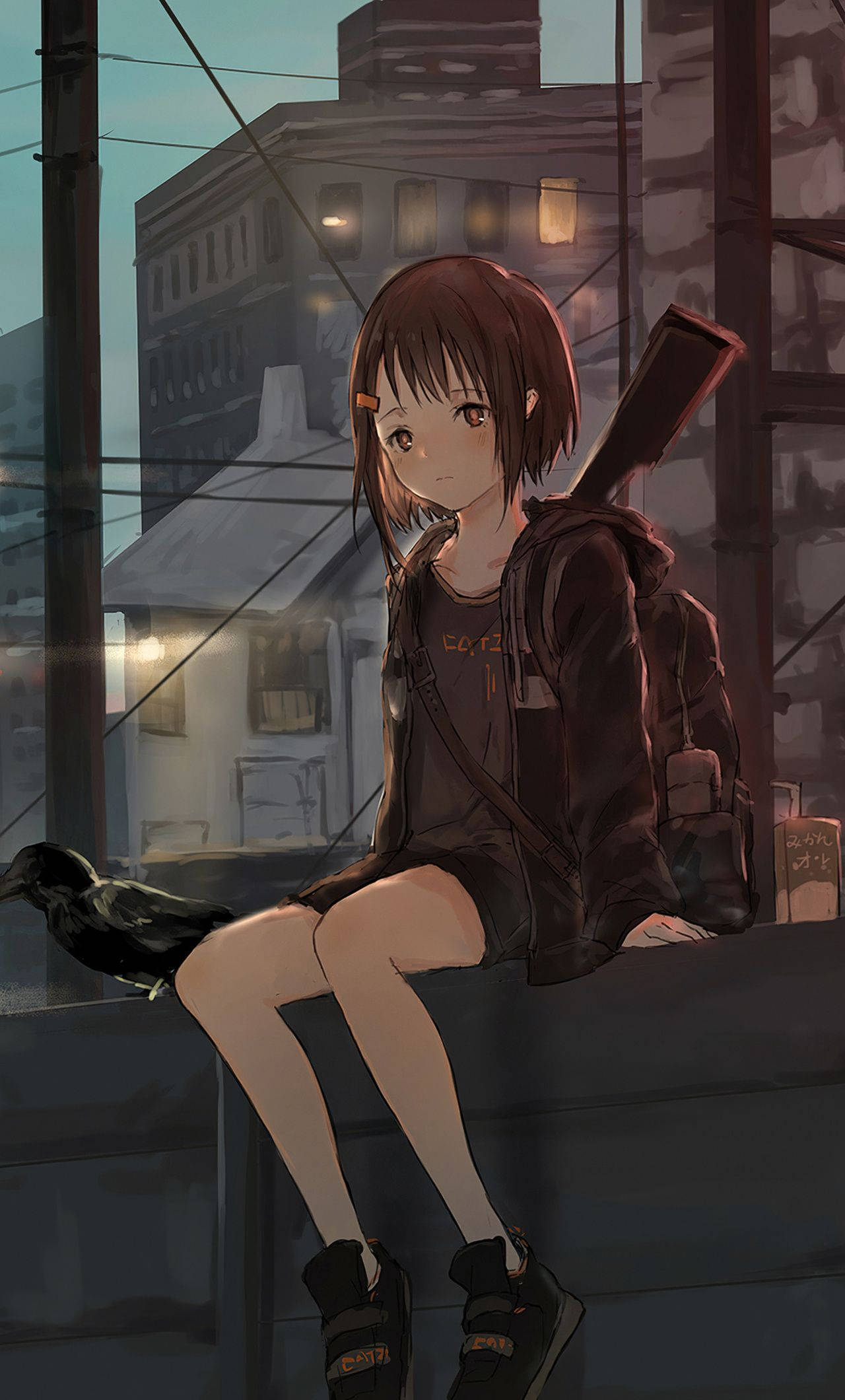 anime girl, short brown hair, rooftop ledge, Full HD Phone Wallpaper
