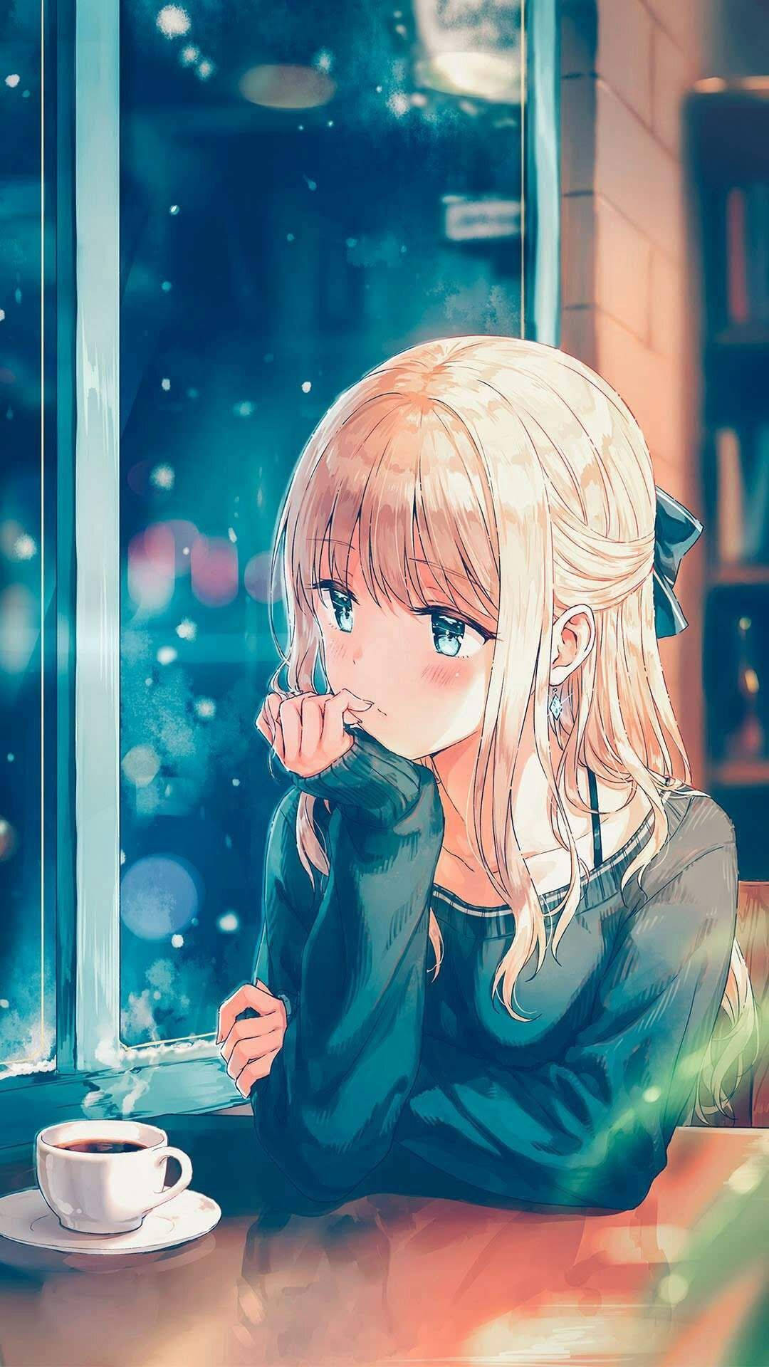 blonde anime girl, blue eyes, sitting pensively by a window, Full HD Phone Wallpaper