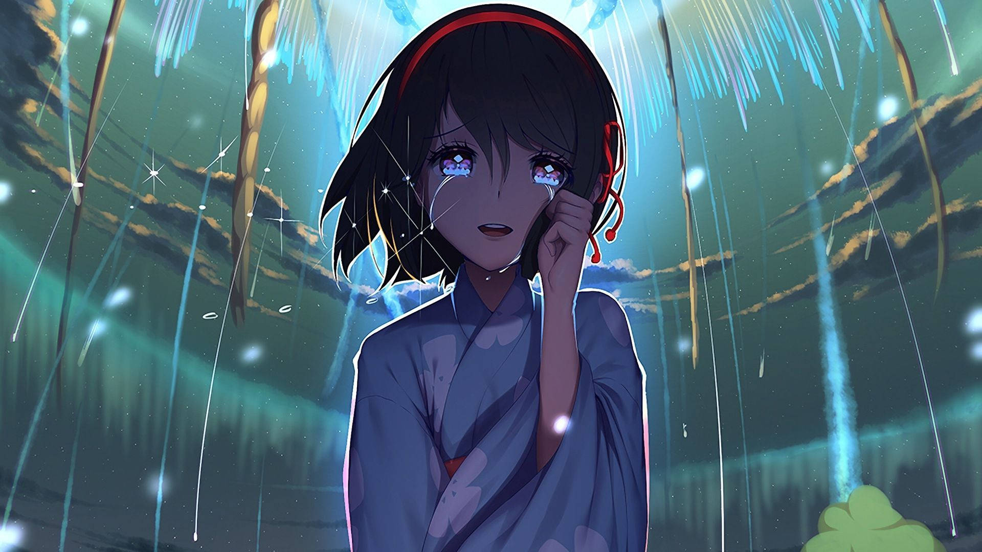 depressed anime girl, blue kimono, glowing rain streaks, Full HD Desktop Wallpaper