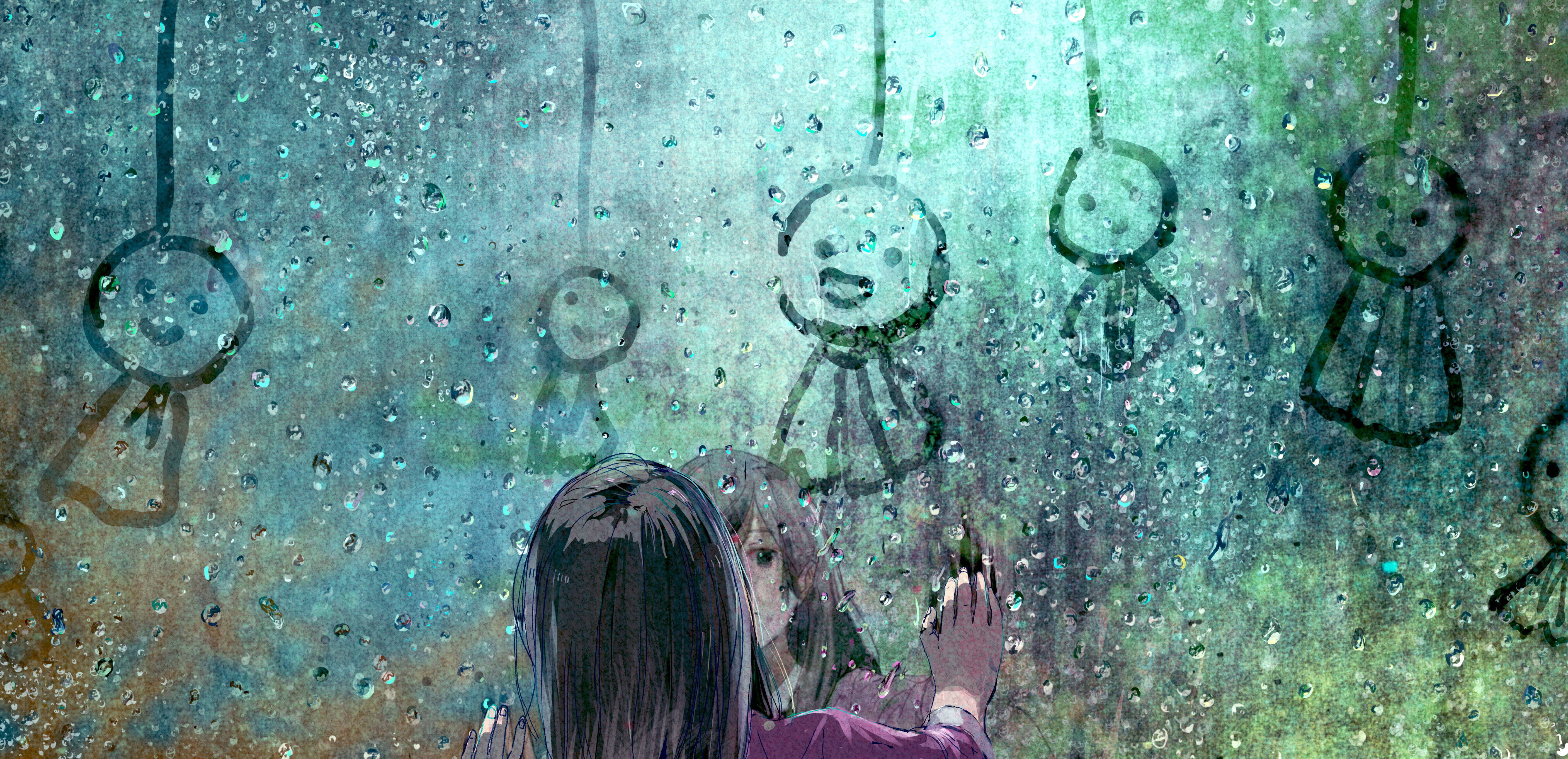 Sad Girl Anime 4K, rain-splattered window, cheerful stick figures, 5K Desktop Wallpaper