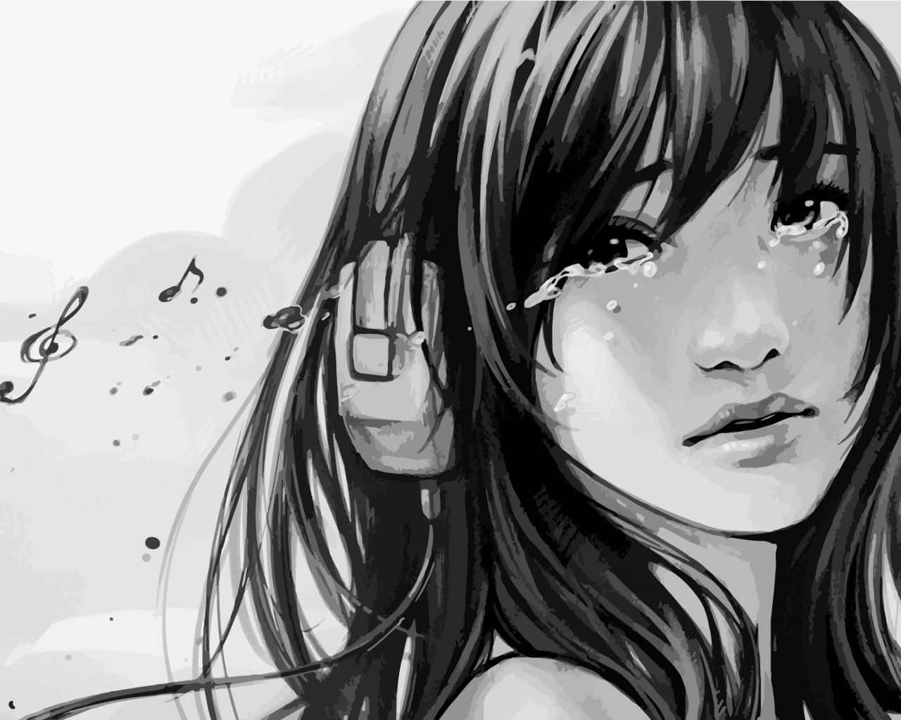 anime girl, headphones, teary eyes, HD Desktop Wallpaper