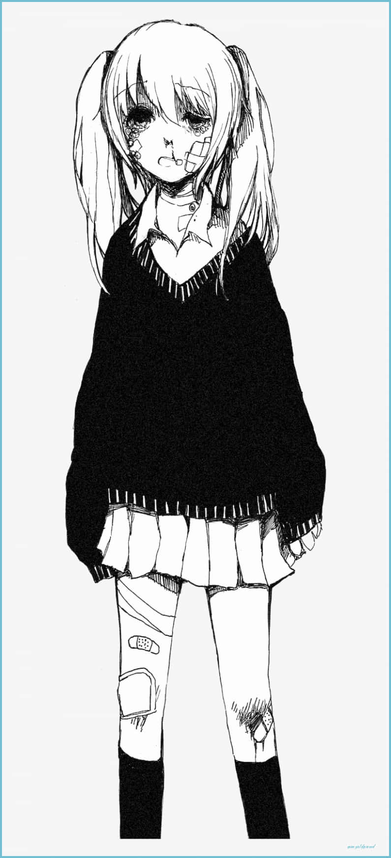 black and white drawing, melancholic anime girl, pigtails, HD Phone Wallpaper