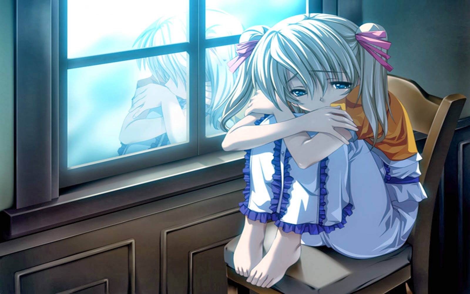 anime girl, silver hair, hunched, HD Desktop Wallpaper