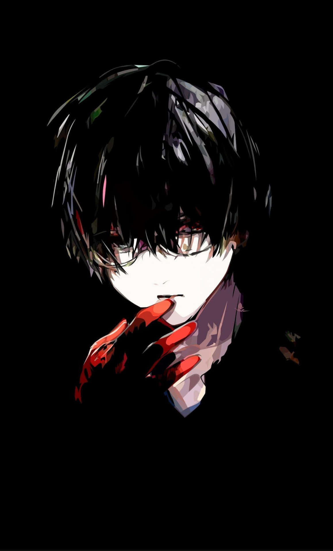 Depressed Anime, dark hair, red-gloved hand, Full HD Phone Wallpaper