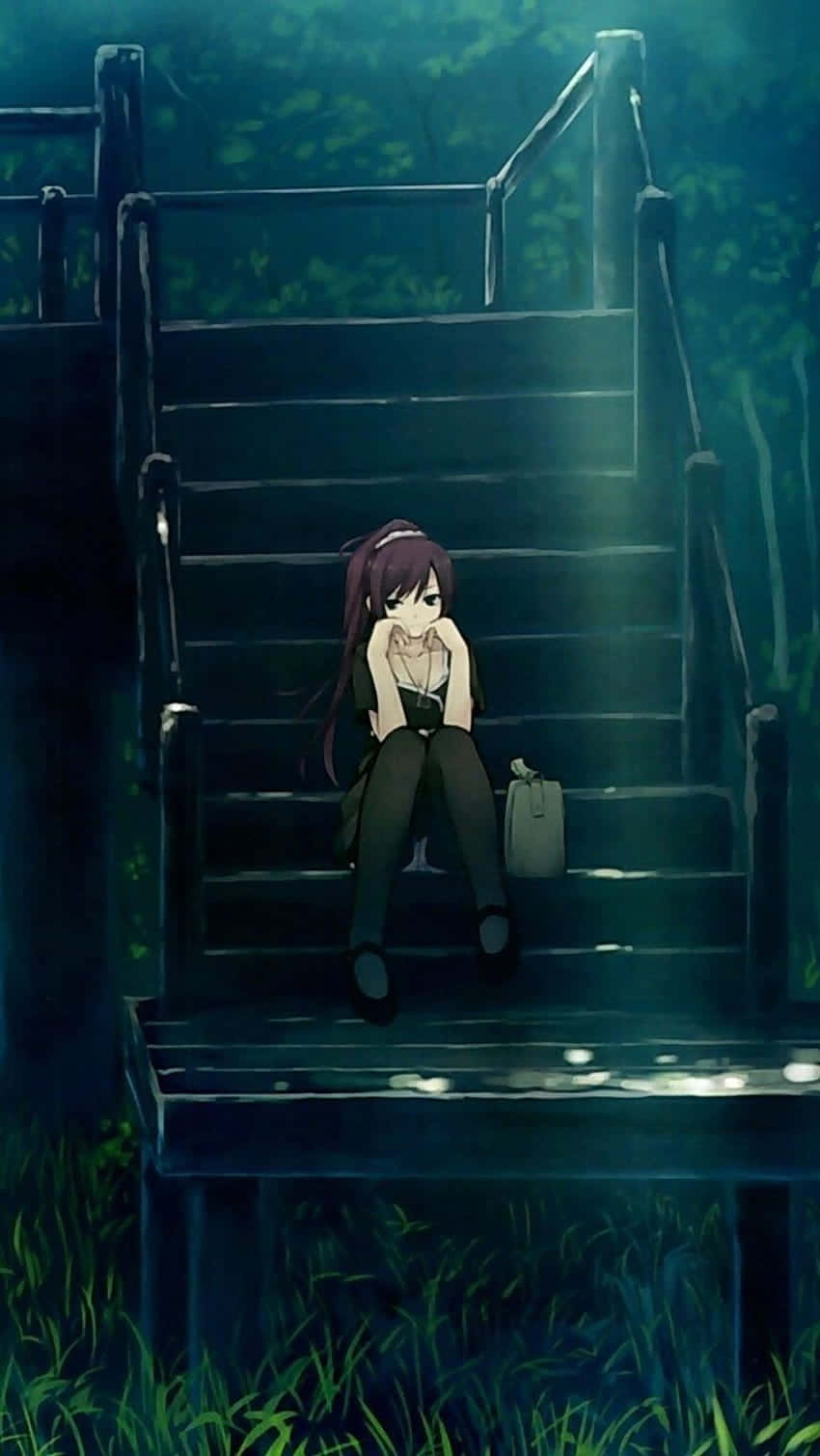 depressed anime, anime girl, mossy wooden stairs, HD Phone Wallpaper