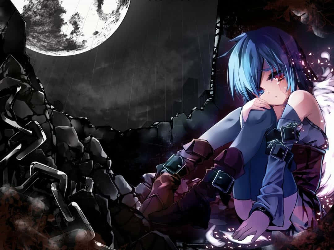 blue-haired anime girl, rubble, full moon, SD Desktop Wallpaper