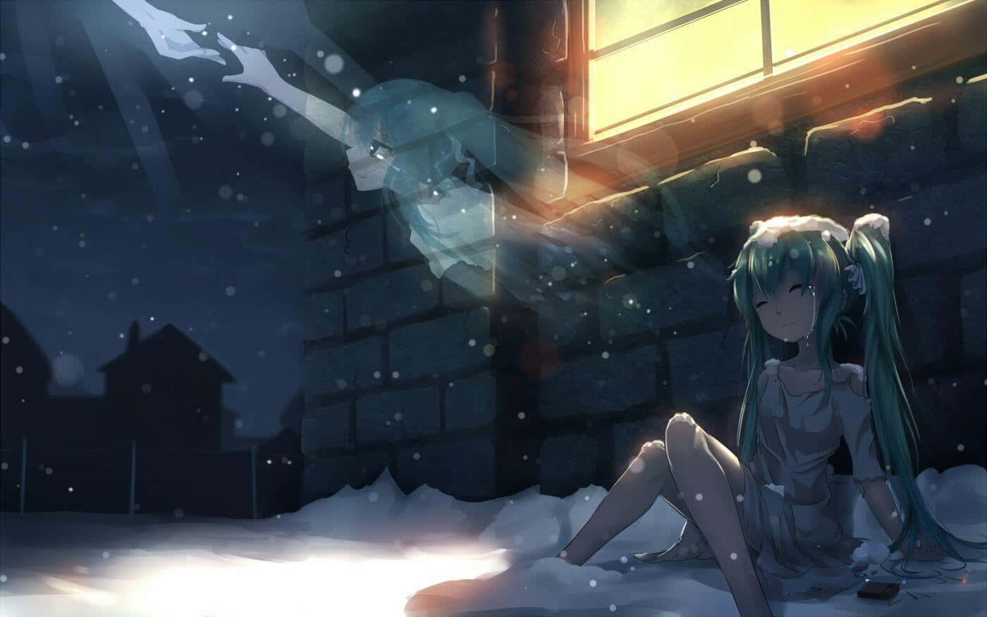 teal-haired anime girl, glowing window, translucent ghostly figure, HD Desktop Wallpaper