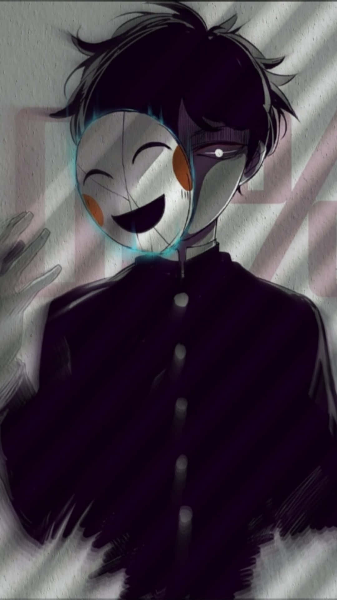 dark-haired anime character, glowing cheerful mask, half their face, Full HD Phone Wallpaper