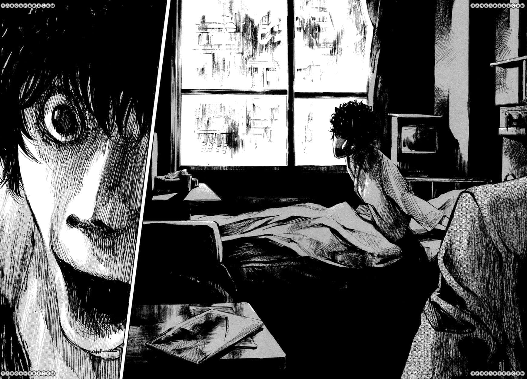 black and white manga panel, terrified man screaming, man sits alone, HD Desktop Wallpaper