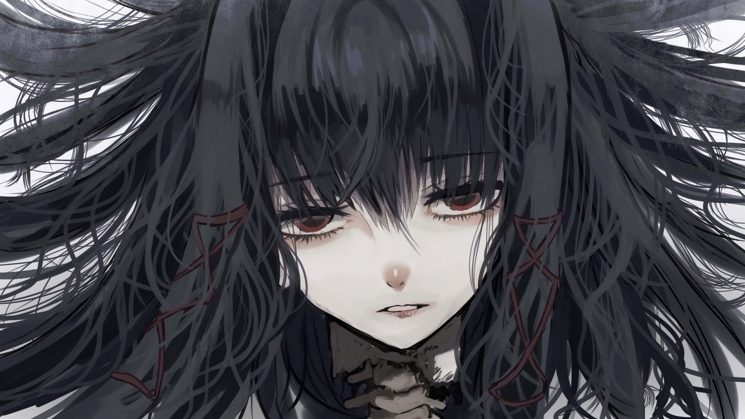 black haired girl, red eyes, long dark hair, Full HD Desktop Wallpaper