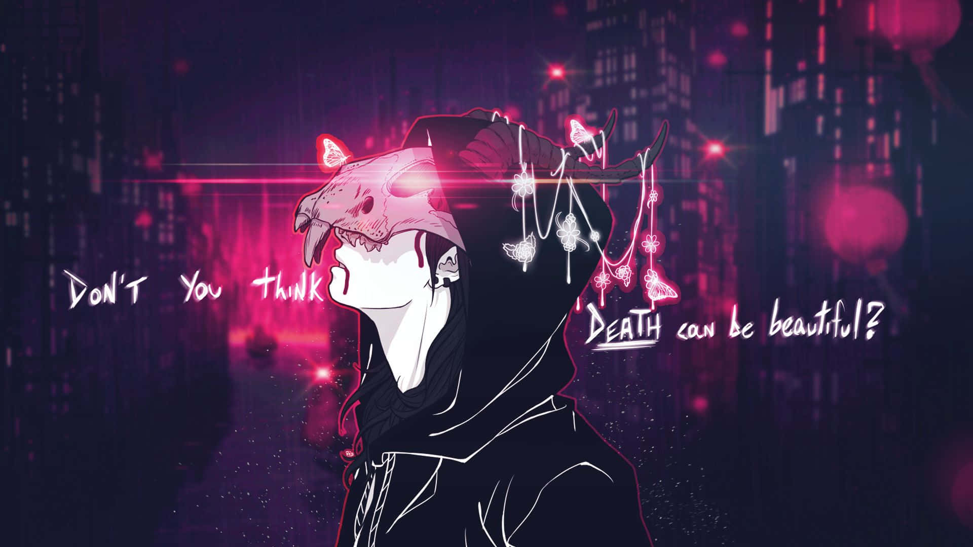 skull mask, glowing pink butterflies, neon-lit cityscape, Full HD Desktop Wallpaper
