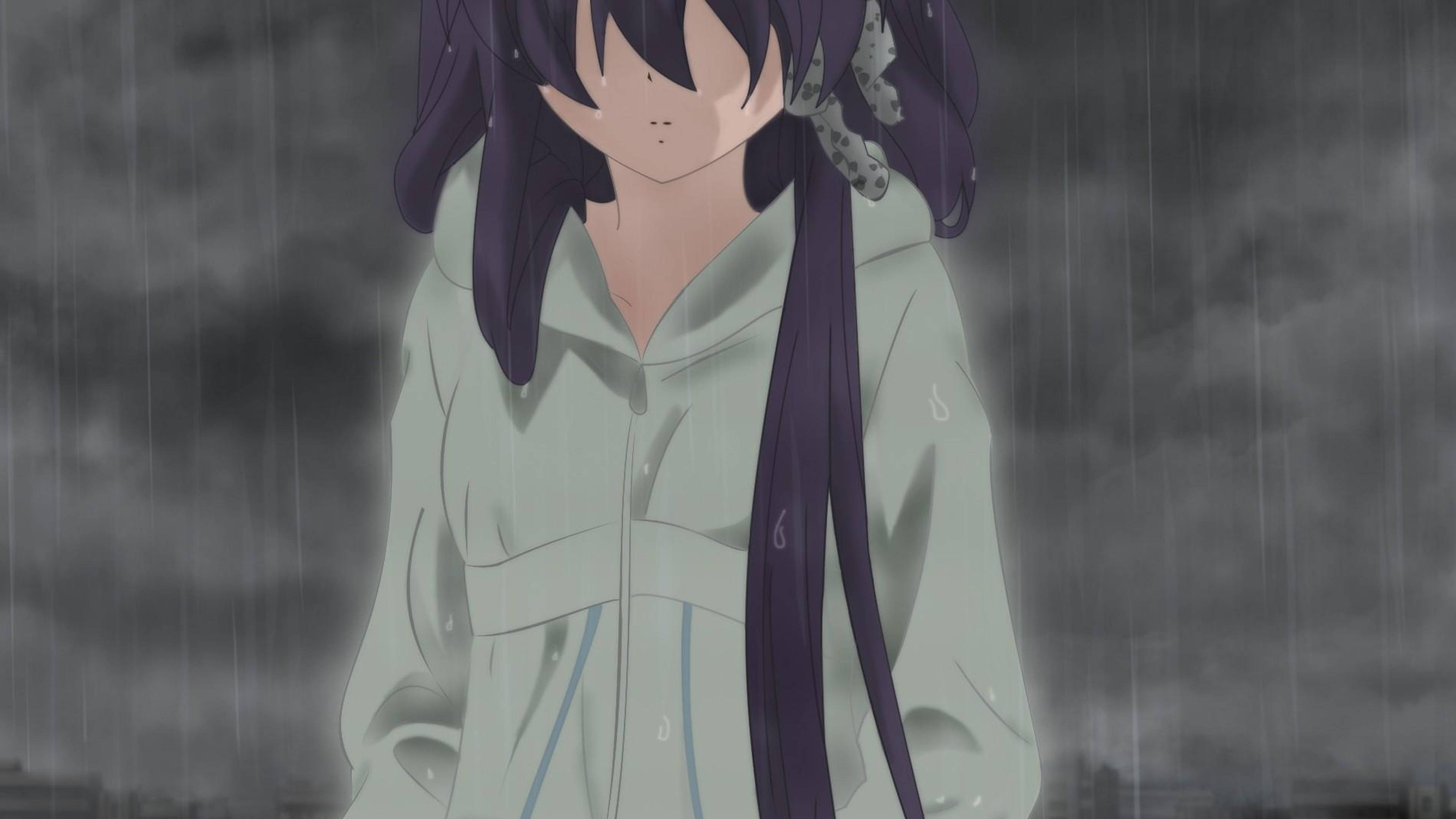 anime girl, purple hair, heavy rain, 4K Desktop Wallpaper