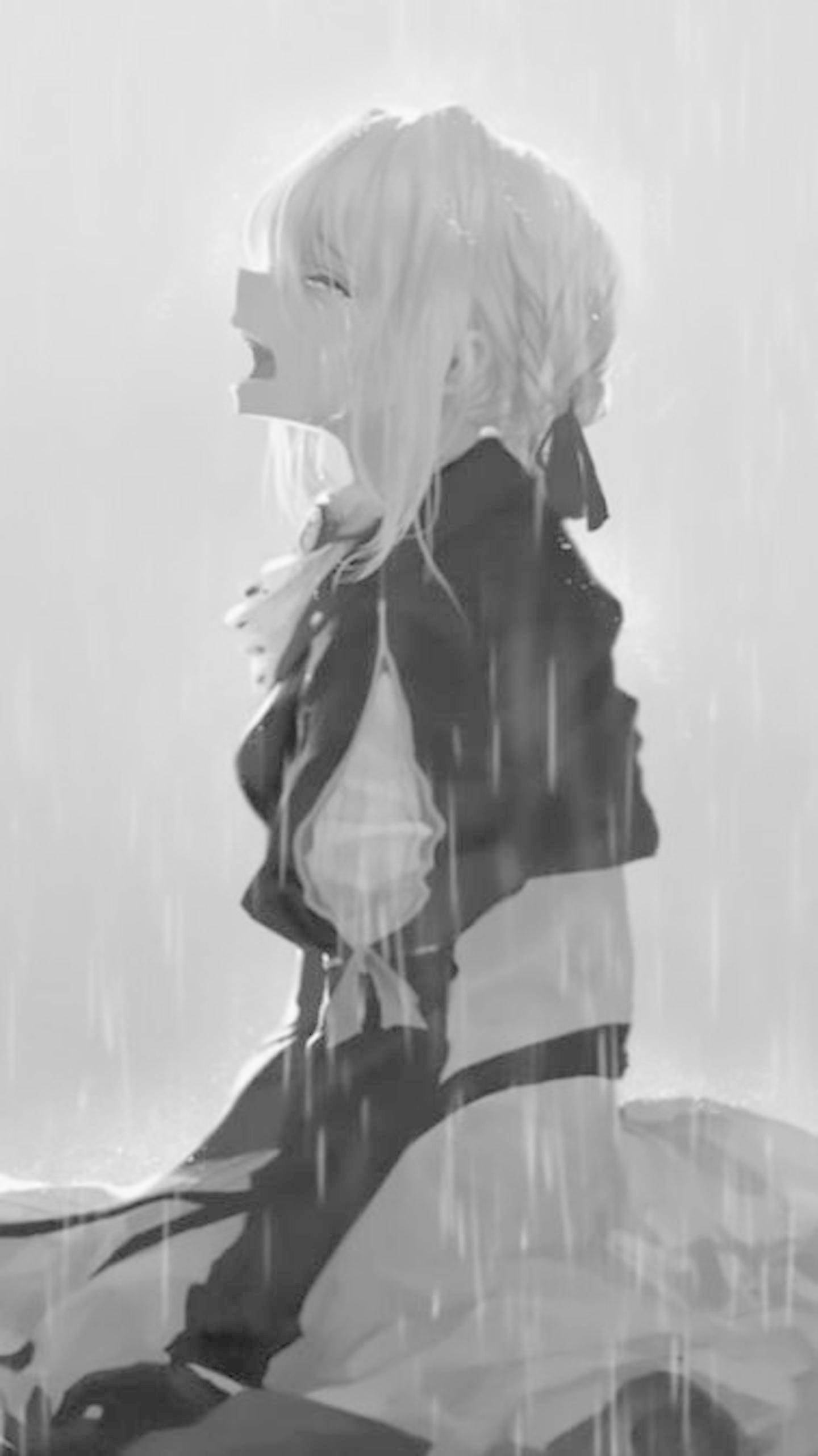 anime girl, white hair, rain, 2K Phone Wallpaper