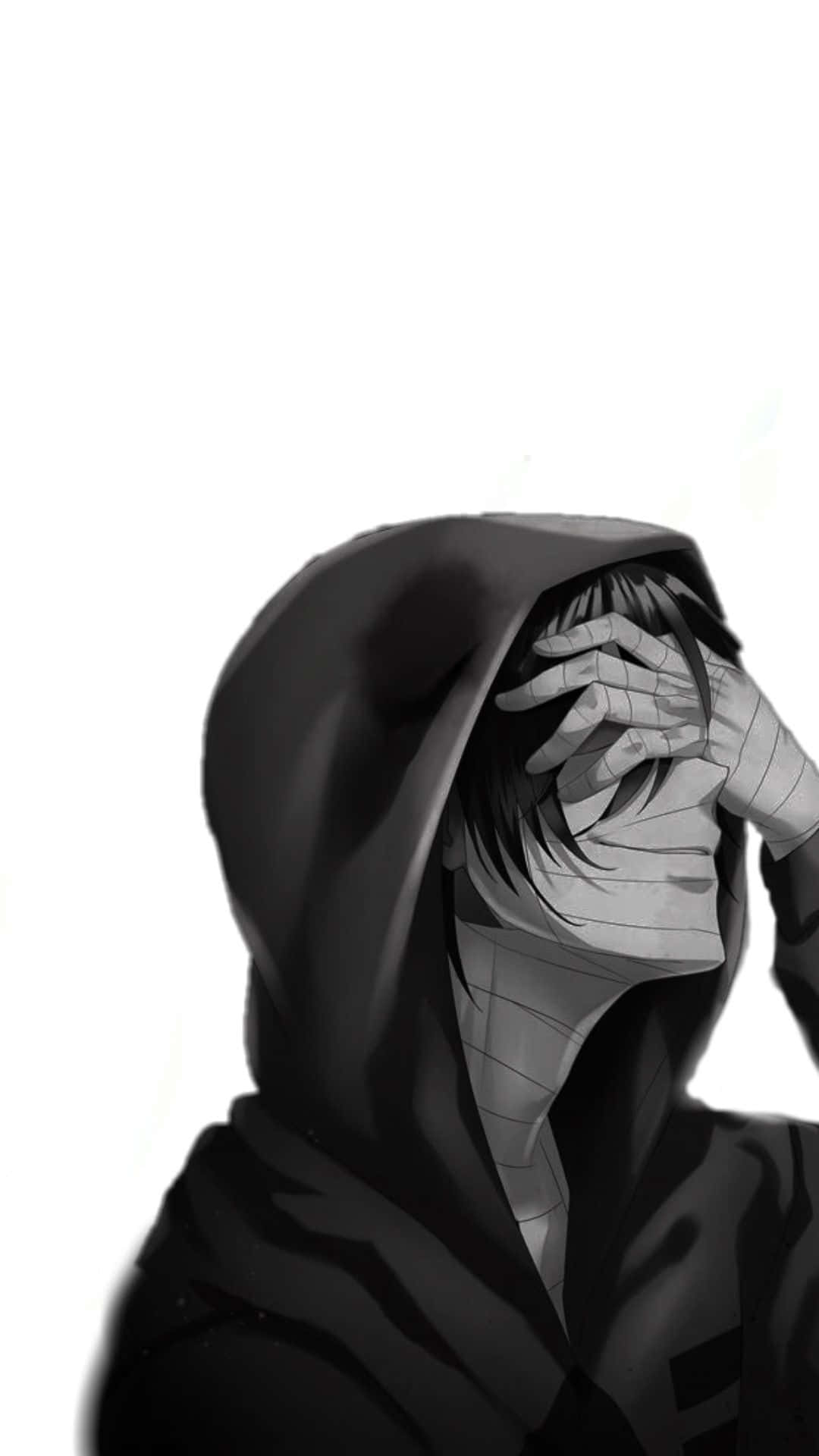 monochrome anime character, dark hoodie, one hand covering face, Full HD Phone Wallpaper