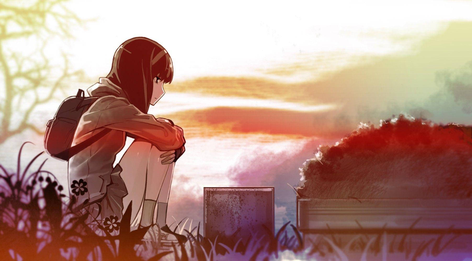 anime girl, backpack, tall grass, HD Desktop Wallpaper
