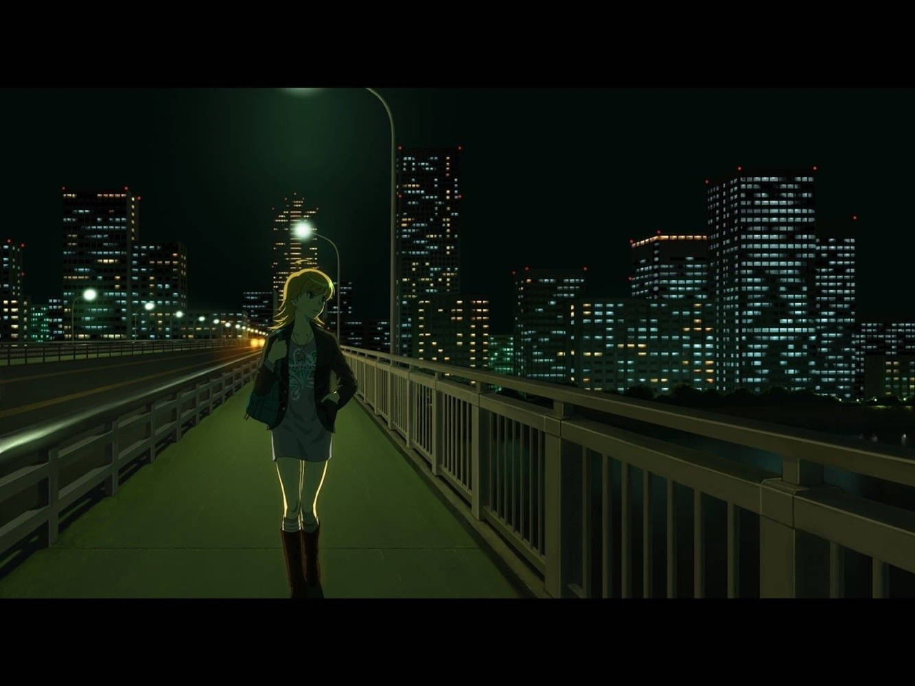 anime girl, lit bridge, night, HD Desktop Wallpaper