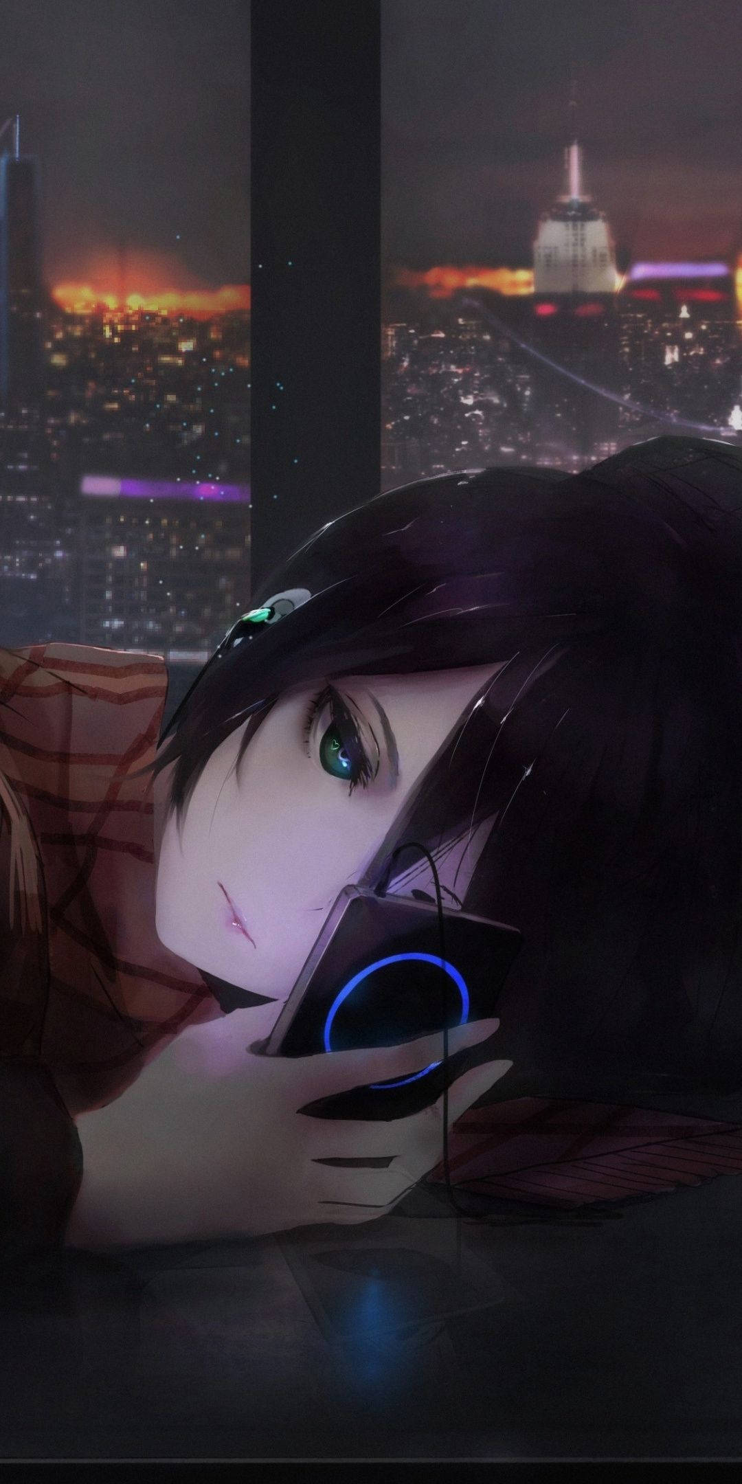 Depressed Anime Girl, glowing green eyes, glowing phone, Full HD Phone Wallpaper