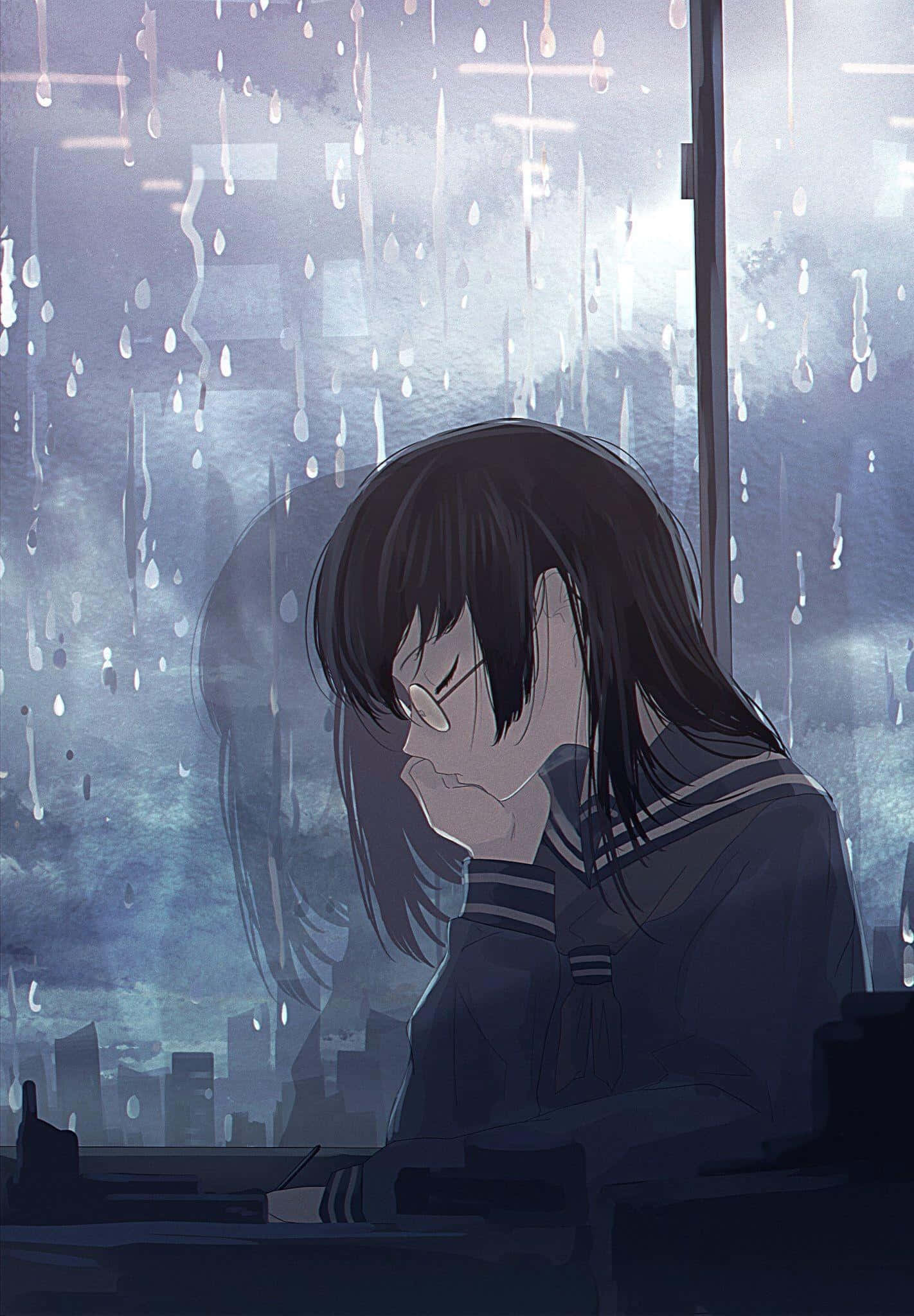 anime girl, school uniform, rain-streaked window, Full HD Phone Wallpaper